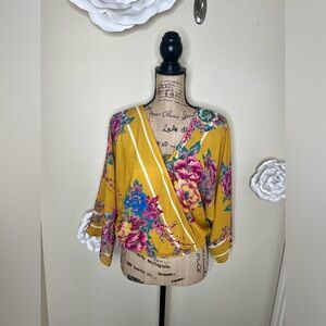 Flying Tomato Faux Wrap Crop Golden Yellow with Floral Kimono Sleeve Sz M